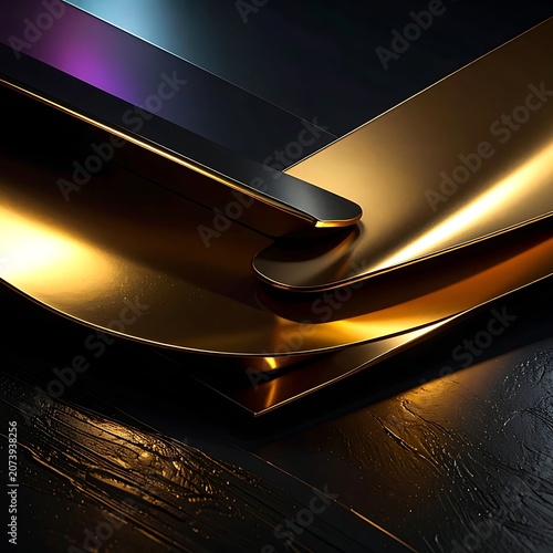 A dark abstract scene with gold, black, and purple metallic surfaces