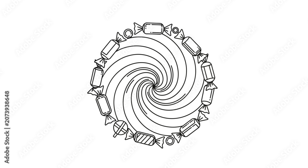 Fototapeta premium A circular frame of assorted hand drawn candies surrounding a central spiral pattern.