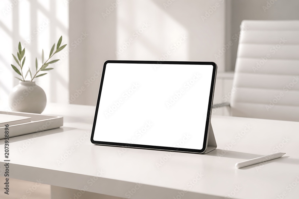 Fototapeta premium A modern tablet with a blank screen rests on a clean white desk, bathed in soft sunlight filtering through blinds.