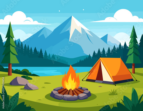 Fotografija Camping site with an orange tent and a blazing bonfire in front of high snowy mountain peaks by a lake