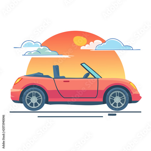 Red convertible car illustration with sunset background