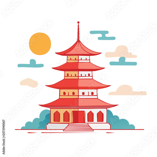 Red pagoda illustration with clouds and sun