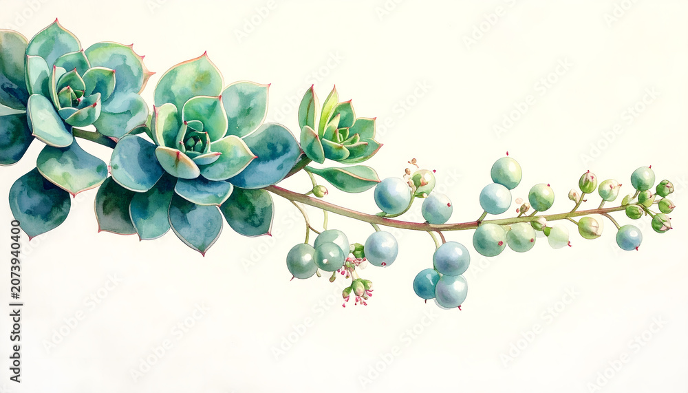 Fototapeta premium String of pearls succulent cascading trailing stems round pearl leaves delicate flowers whimsical watercolor botanical charm illustration generative AI