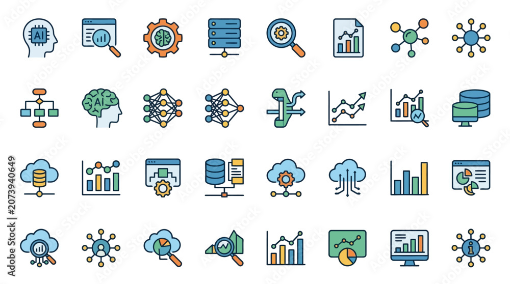 Obraz premium Data Science Line Icon Set with Editable Strokes for AI Analytics Data Mining Database Server Search Magnifier Graph Report and Network Nodes