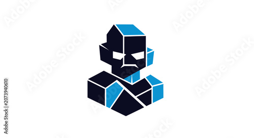 Photos Blocky isometric robot head in blue and black