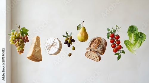 Assorted healthy food ingredients arranged on white background