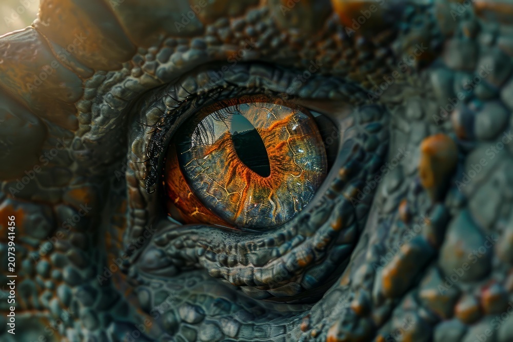 Fototapeta premium Close up of a dragon eye reflecting a fantasy landscape at sunset, showcasing intricate details and vibrant colors