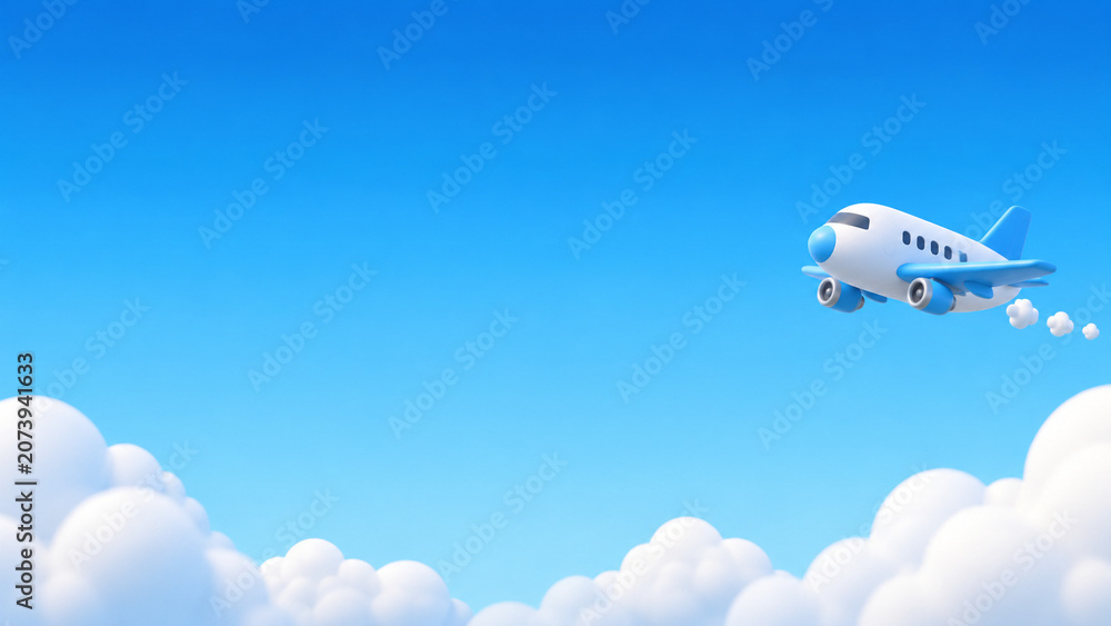 Naklejka premium 푸른 하늘을 나는 귀여운 3D 비행기 배너 이미지 Cute 3D Airplane Flying in a Blue Sky Banner Image