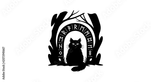 Photos Cat sits inside an arched gateway decorated with ancient runic symbols in a dark forest setting