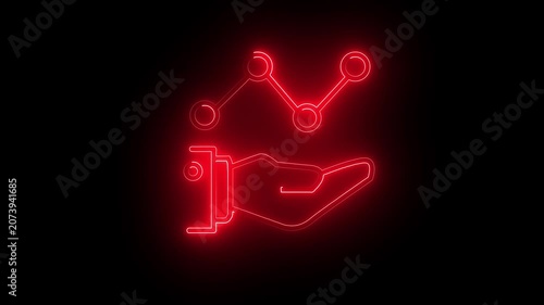 Graph icon presented on an open palm represents financial growth and strategic planning with a glowing red neon aesthetic that emphasizes modern business analysis in a professional corporate.