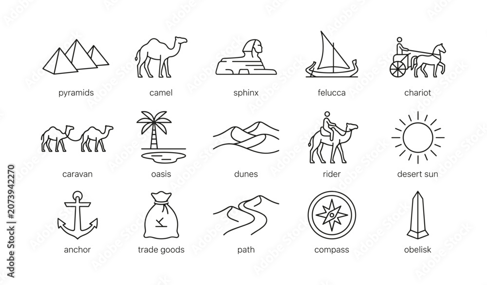 Fototapeta premium Egyptian desert travel icons arranged in grid on white background