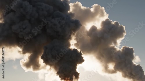 Dark industrial smoke billows into the bright blue sky