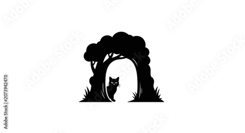 Photography Cat stands inside a hollow tree trunk surrounded by dense forest foliage in a peaceful nature scene