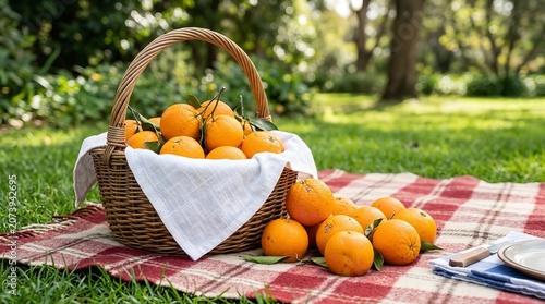 Oranges spilling from picnic basket on plaid blanket outdoors