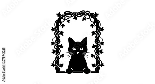 Vászonkép Cat silhouette stands within an ornate arched gateway entwined with climbing ivy vines and foliage