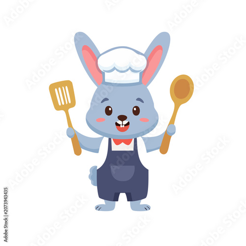 Cute cartoon rabbit chef holding kitchen utensils