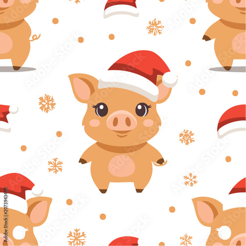 Cute Pig in Santa Hat Christmas Seamless Pattern