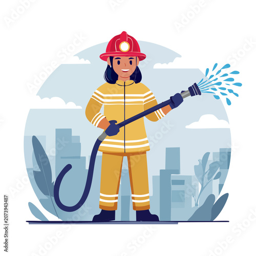 Female firefighter with hose in city illustration