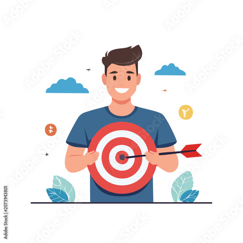 Smiling man holding target with arrow in bullseye