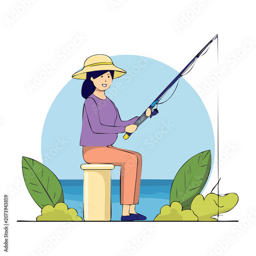 Woman fishing by the ocean in flat illustration style