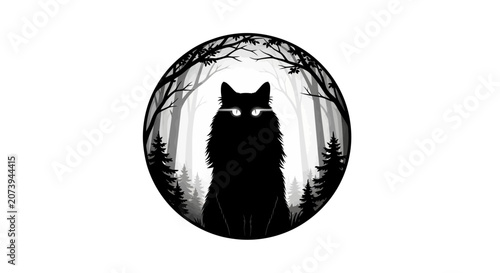 Konstfotografi Wolf silhouette stands poised inside a circular frame surrounded by a dense coniferous forest under a dark atmosphere