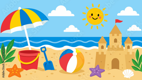 Obraz na płótnie Summer Beach Day: A vibrant and cheerful illustration depicts a perfect summer day at the beach, complete with a sandcastle, colorful umbrella, beach ball, bucket, shovel, and the smiling sun