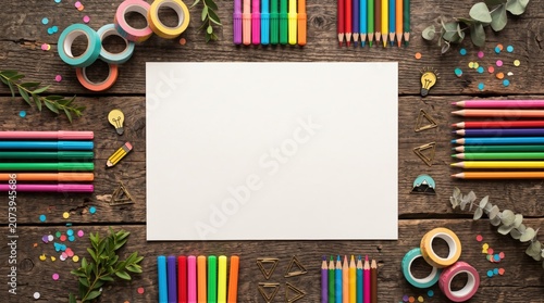 Colorful art supplies surround blank white paper on wooden table
