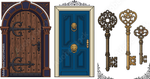 Vintage Wooden and Classic Blue Doors Vector Set Featuring Ornate Metal Knocker Elements and Detailed Antique Skeleton Keys