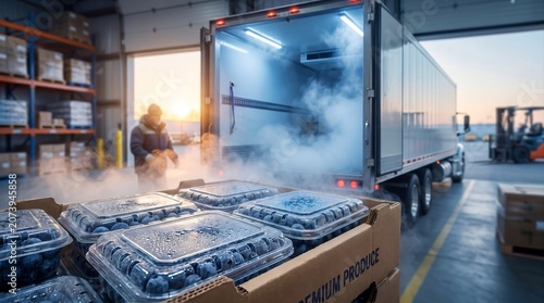 Fresh blueberries in retail clamshell containers ready for refrigerated cold chain transportation
