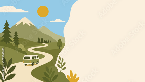 Obraz na plátně Road Trip Adventure: A vintage van embarks on a scenic journey through rolling hills and majestic mountains, under a bright sun and clear blue sky, embodying the spirit of adventure and exploration