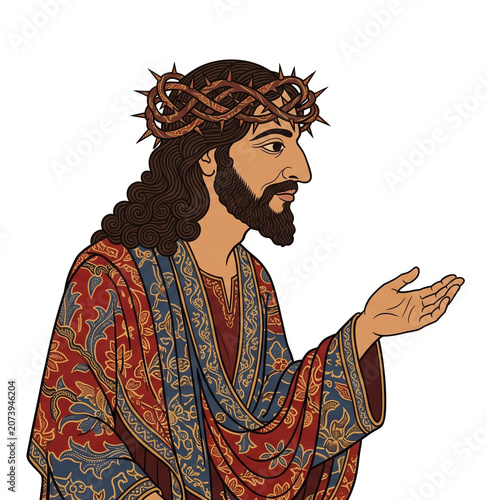 Jesus Christ wearing a crown of thorns and colorful robe gesturing on white background