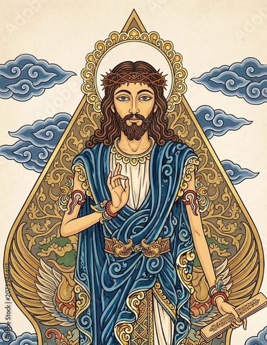 Jesus Christ wearing a blue robe and a crown of thorns on white background