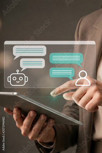 AI conversation interface. Human and artificial intelligence communication for business collaboration and digital assistance. Businesswoman using conversational AI on tablet.