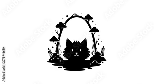 Canvas Print Cat silhouette sits centered within a stylized natural forest frame featuring simple trees and organic vegetation elements
