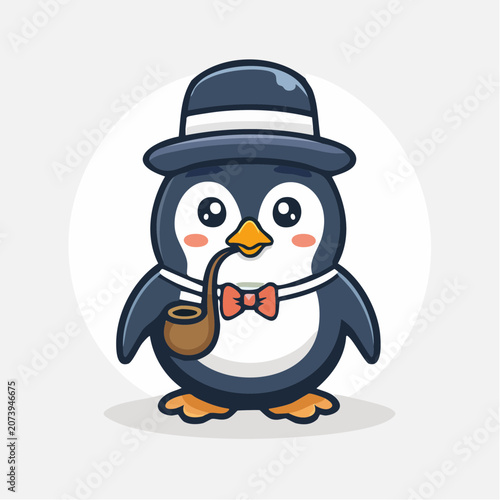 Cute cartoon penguin wearing a hat and smoking a pipe