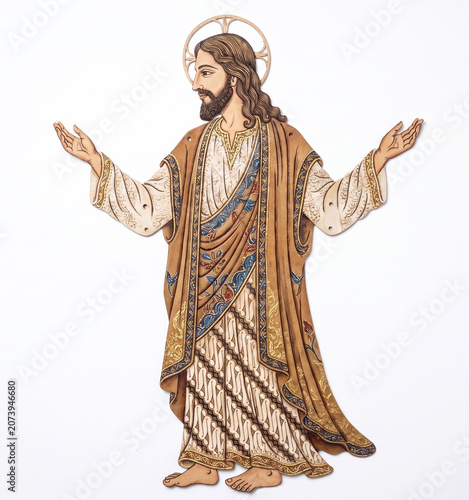 Jesus Christ with outstretched arms and halo on intricately designed robe on white background
