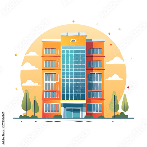 Flat illustration of an apartment building with trees and sky