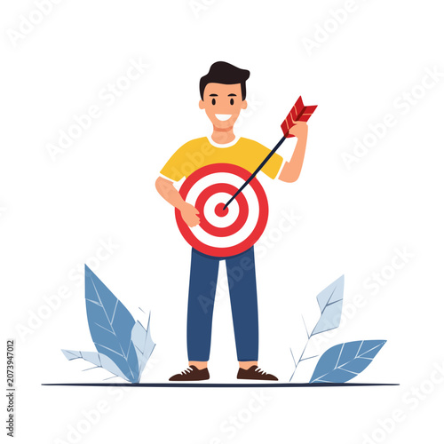 Man holding target with arrow in flat vector style