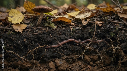 Earthworm in Rich Soil Beneath Autumn Leaves and Mushroom — Closeup of Forest Soil Life