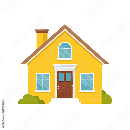 Yellow house with brown door and windows