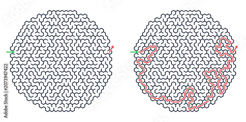 Obraz na plátne Puzzle sheet with maze pattern and highlighted solution path