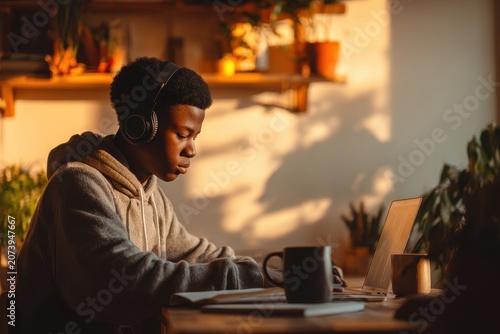 Teenage boy with headphones using a laptop at a wooden desk in a tidy room