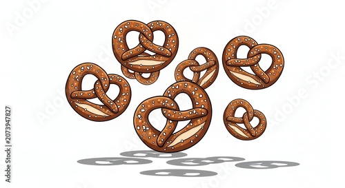 Delicious Salty Pretzels Illustration Floating Over White Background Perfect for Snack Food and Bakery Menu Design