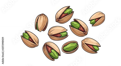 Healthy organic snack of roasted salted pistachio nuts in cracked shells and green kernels cartoon style illustration
