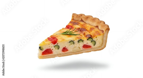 Delicious Slice of Vegetable Quiche with Zucchini and Red Peppers Isolated on White Background with Rosemary Garnish