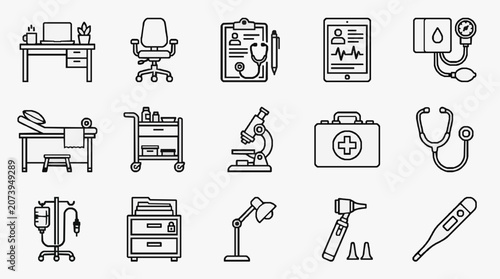 Foto Modern Black and White Line Icons Set Featuring Medical and Office Equipment Too