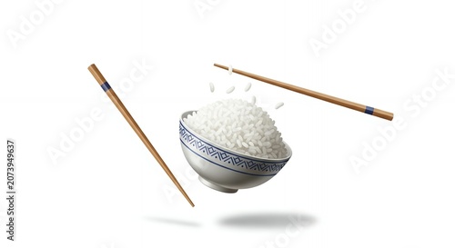 Floating Bowl of Cooked White Rice with Wooden Chopsticks and Falling Grains Isolated on Plain White Background