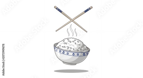 Minimalist Illustration of a Hot Bowl of Steamed White Rice with Crossed Chopsticks for Asian Cuisine Food Concepts.