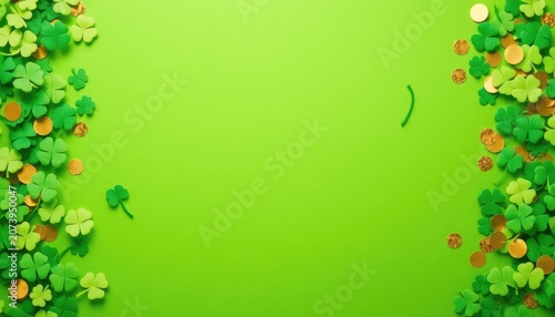 Festive green shamrocks and golden coins scattered for a lucky celebration background or presentation theme