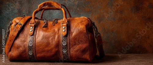 A vintage brown leather duffel bag with detailed stitching rests against a textured, rustic background, evoking timeless travel elegance.